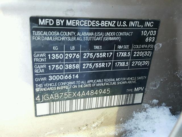 4JGAB75EX4A484945 - 2004 MERCEDES-BENZ ML 500 GOLD photo 10