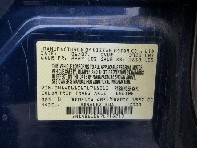 3N1AB61E67L718213 - 2007 NISSAN SENTRA 2.0 BLUE photo 10