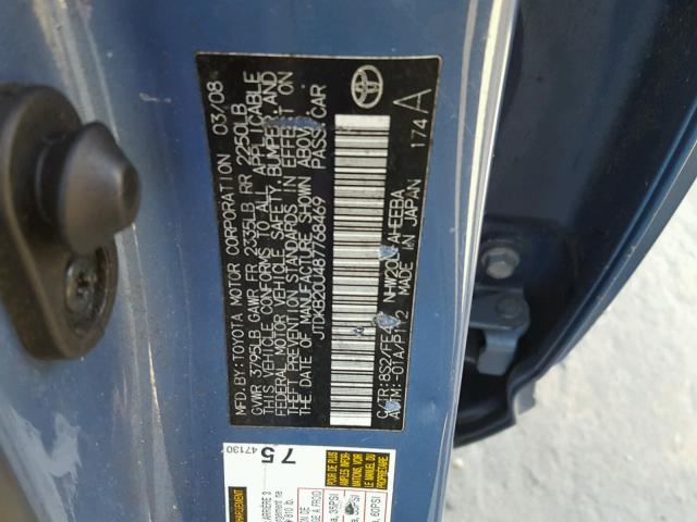 JTDKB20U487768469 - 2008 TOYOTA PRIUS BLUE photo 10