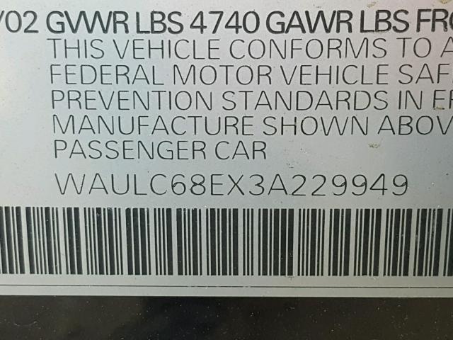 WAULC68EX3A229949 - 2003 AUDI A4 1.8T QU BLUE photo 10