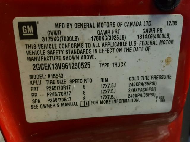 2GCEK13V961250525 - 2006 CHEVROLET SILVERADO RED photo 10