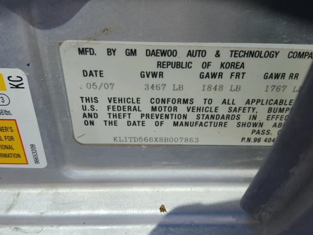 KL1TD566X8B007863 - 2008 CHEVROLET AVEO BASE Srebrny zdjęcie 10