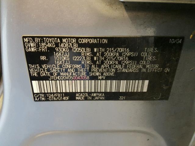 JTEHD20V050043058 - 2005 TOYOTA RAV4 SILVER photo 10