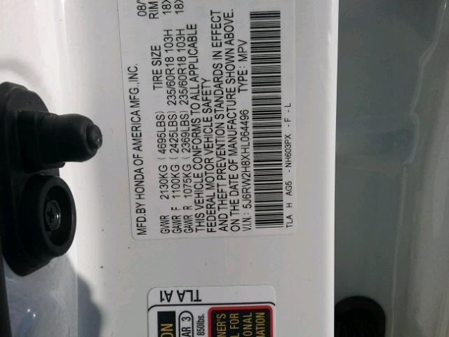 5J6RW2H8XHL064496 - 2017 HONDA CR-V EXL WHITE photo 10