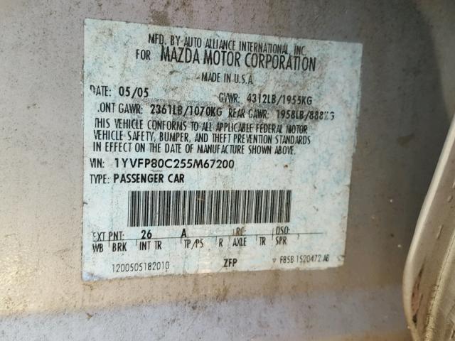 1YVFP80C255M67200 - 2005 MAZDA 6 I SILVER photo 10