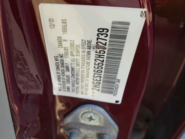 2HGES16552H532739 - 2002 HONDA CIVIC LX BURGUNDY photo 10