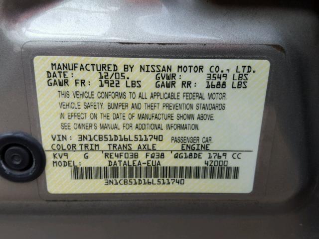 3N1CB51D16L511740 - 2006 NISSAN SENTRA 1.8 GRAY photo 10