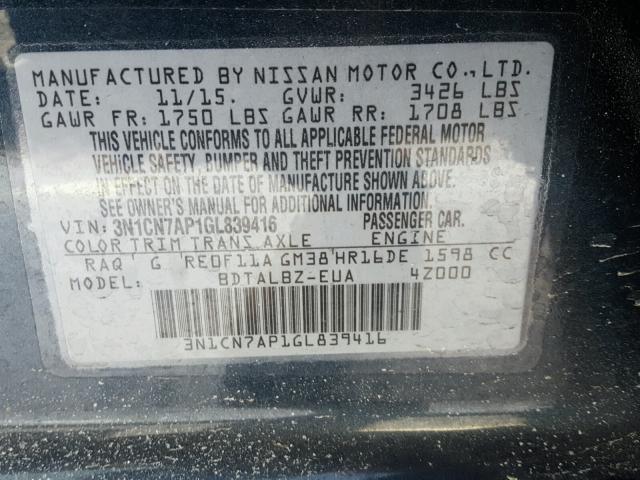 3N1CN7AP1GL839416 - 2016 NISSAN VERSA S GRAY photo 10