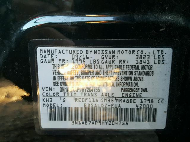 3N1AB7AP9HY204755 - 2017 NISSAN SENTRA S BLACK photo 10