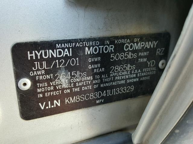 KM8SC83D41U133329 - 2001 HYUNDAI SANTA FE SILVER photo 10