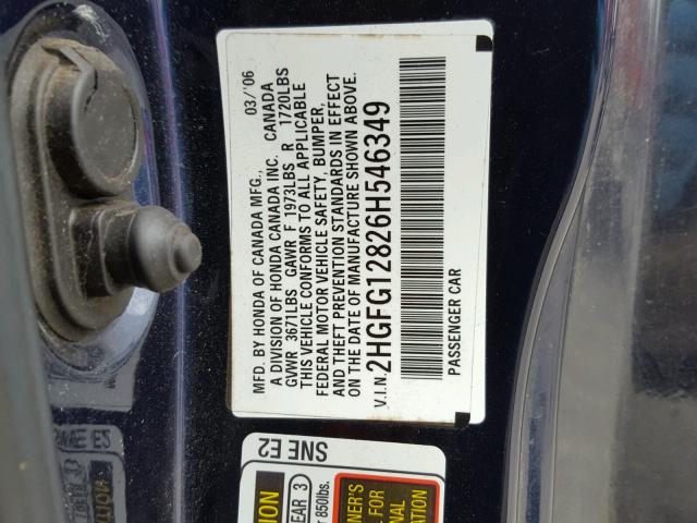 2HGFG12826H546349 - 2006 HONDA CIVIC EX BLUE photo 10