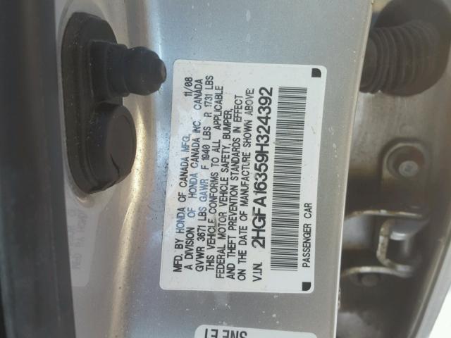 2HGFA16359H324392 - 2009 HONDA CIVIC VP SILVER photo 10