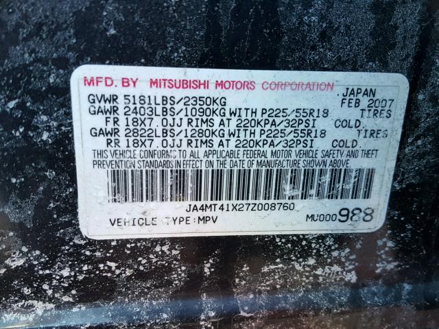 JA4MT41X27Z008760 - 2007 MITSUBISHI OUTLANDER BLACK photo 10