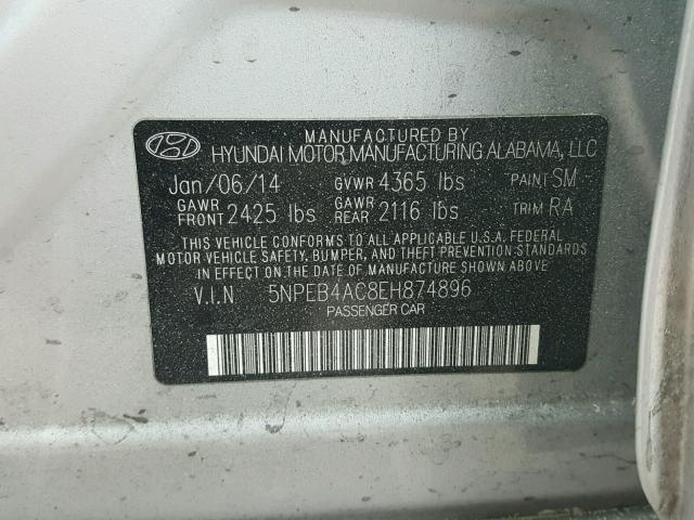 5NPEB4AC8EH874896 - 2014 HYUNDAI SONATA GLS SILVER photo 10