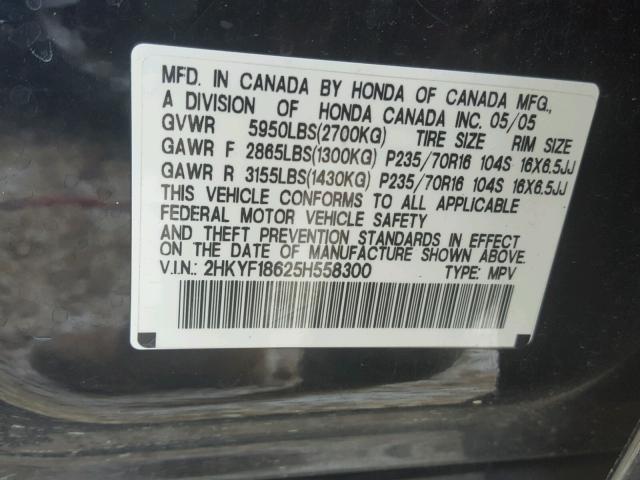 2HKYF18625H558300 - 2005 HONDA PILOT EXL BLACK photo 10