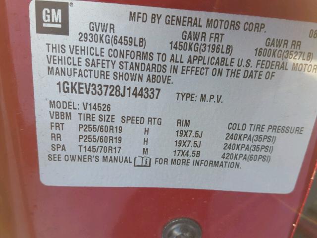 1GKEV33728J144337 - 2008 GMC ACADIA SLT წითელი ფოტო 10