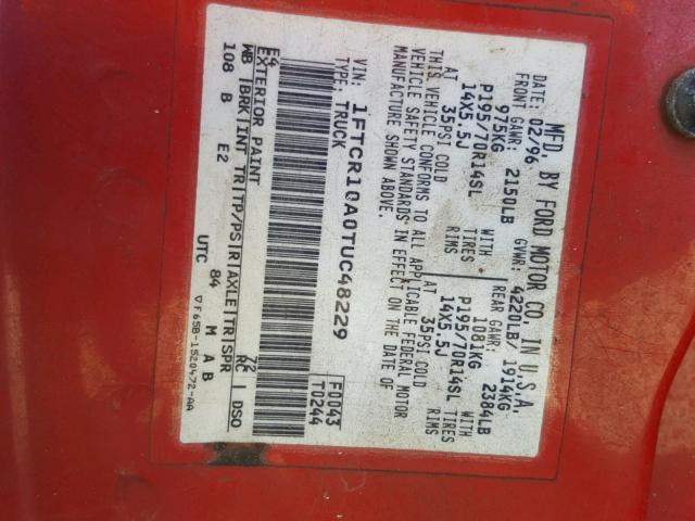 1FTCR10A0TUC48229 - 1996 FORD RANGER RED photo 10