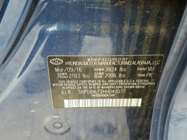 5NPD84LF2HH040077 - 2017 HYUNDAI ELANTRA SE BLUE photo 10