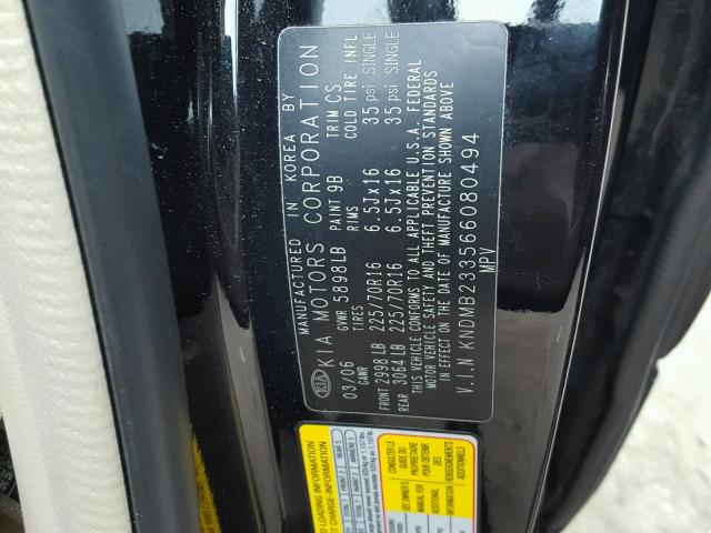 KNDMB233566080494 - 2006 KIA SEDONA EX BLACK photo 10