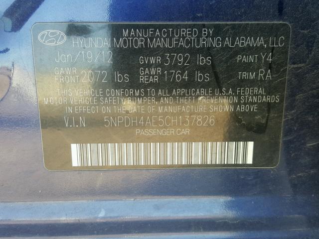 5NPDH4AE5CH137826 - 2012 HYUNDAI ELANTRA GL BLUE photo 10