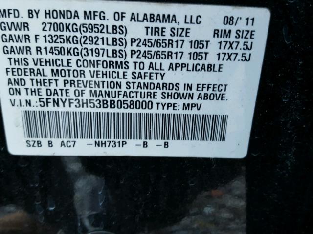 5FNYF3H53BB058000 - 2011 HONDA PILOT EXL BLACK photo 10