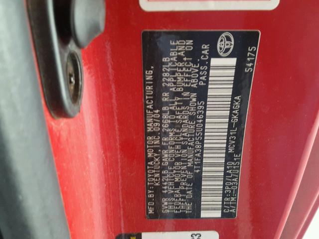 4T1FA38P55U046395 - 2005 TOYOTA CAMRY SOLA RED photo 10