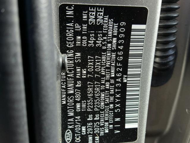 5XYKT3A62FG643909 - 2015 KIA SORENTO LX SILVER photo 10