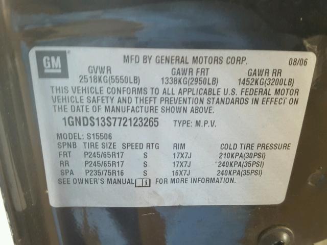 1GNDS13S772123265 - 2007 CHEVROLET TRAILBLAZE BLACK photo 10