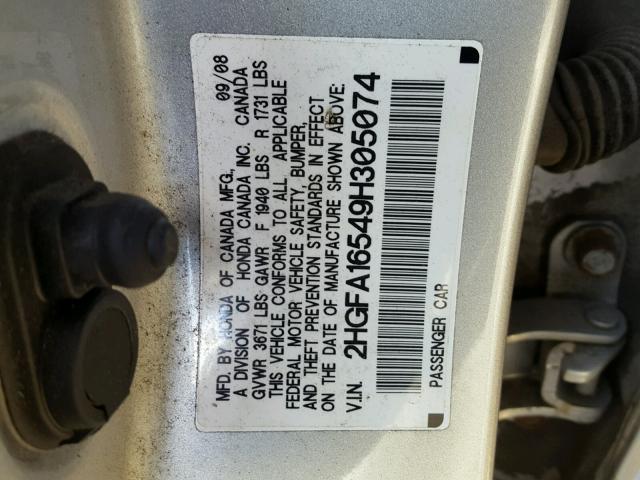 2HGFA16549H305074 - 2009 HONDA CIVIC LX SILVER photo 10