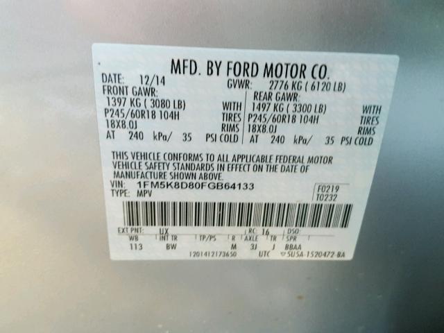 1FM5K8D80FGB64133 - 2015 FORD EXPLORER X SILVER photo 10