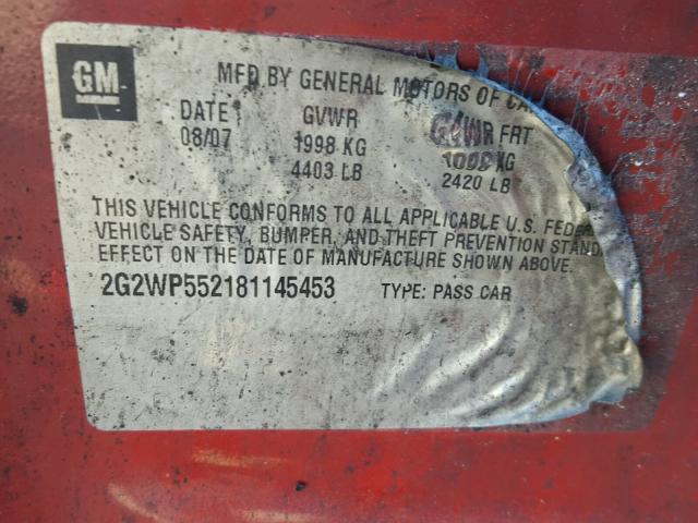 2G2WP552181145453 - 2008 PONTIAC GRAND PRIX RED photo 10