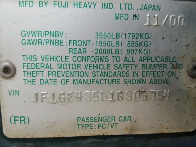 JF1GF48561G803754 - 2001 SUBARU IMPREZA OU GREEN photo 10