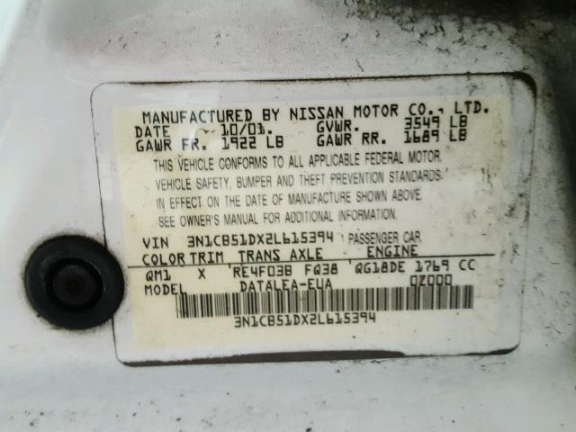 3N1CB51DX2L615394 - 2002 NISSAN SENTRA XE WHITE photo 10