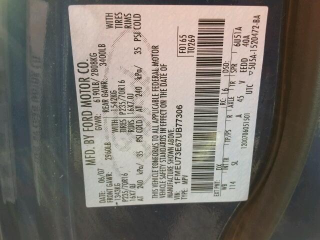 1FMEU73E67UB77306 - 2007 FORD EXPLORER X BLUE photo 10