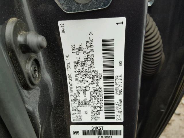 5TFDM5F1XCX035207 - 2012 TOYOTA TUNDRA CRE GRAY photo 10