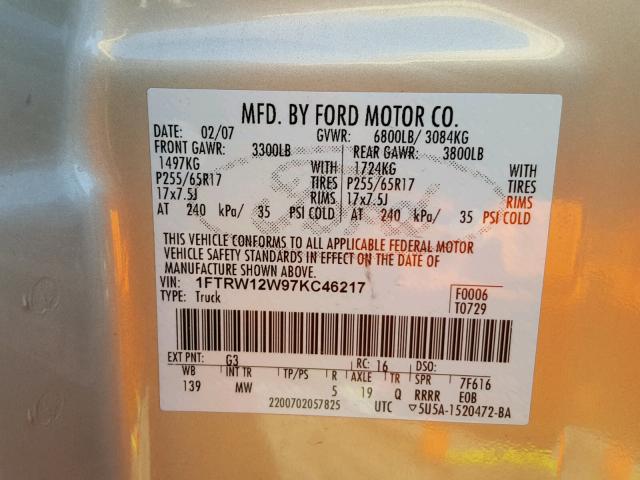 1FTRW12W97KC46217 - 2007 FORD F150 SUPER GOLD photo 10