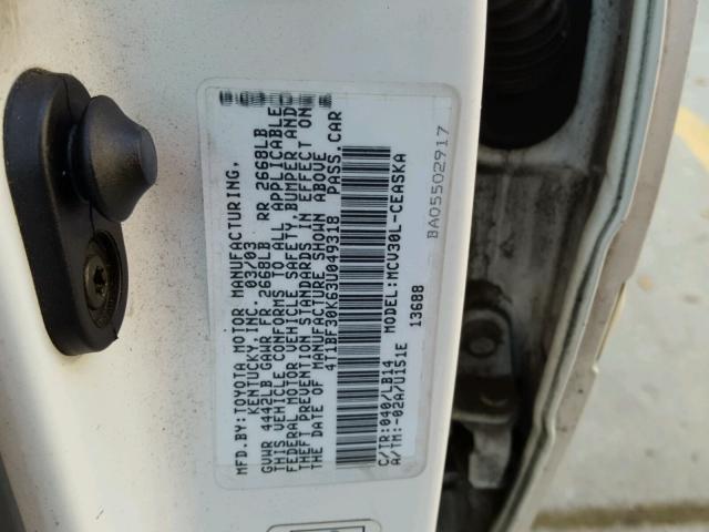 4T1BF30K63U049318 - 2003 TOYOTA CAMRY LE WHITE photo 10