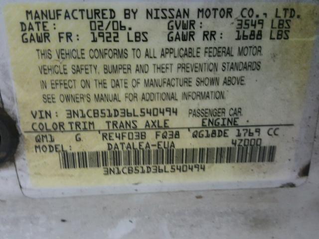 3N1CB51D36L540494 - 2006 NISSAN SENTRA 1.8 WHITE photo 10