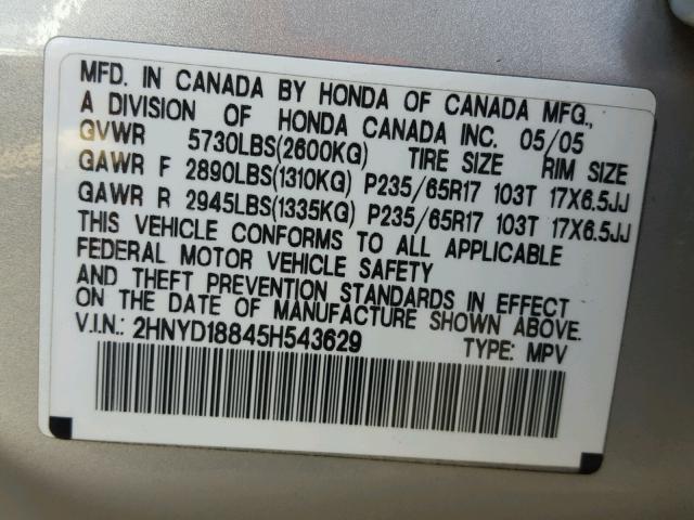 2HNYD18845H543629 - 2005 ACURA MDX TOURIN SILVER photo 10