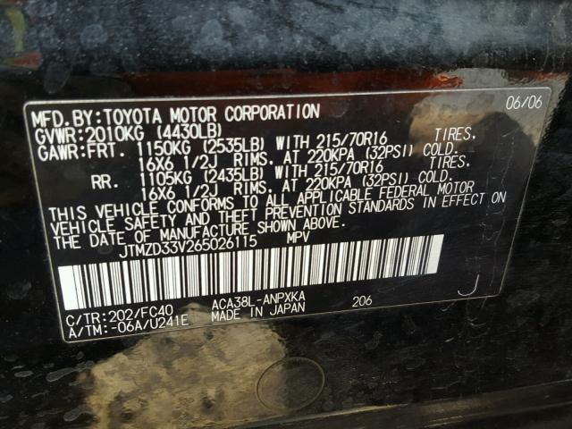 JTMZD33V265026115 - 2006 TOYOTA RAV4 BLACK photo 10