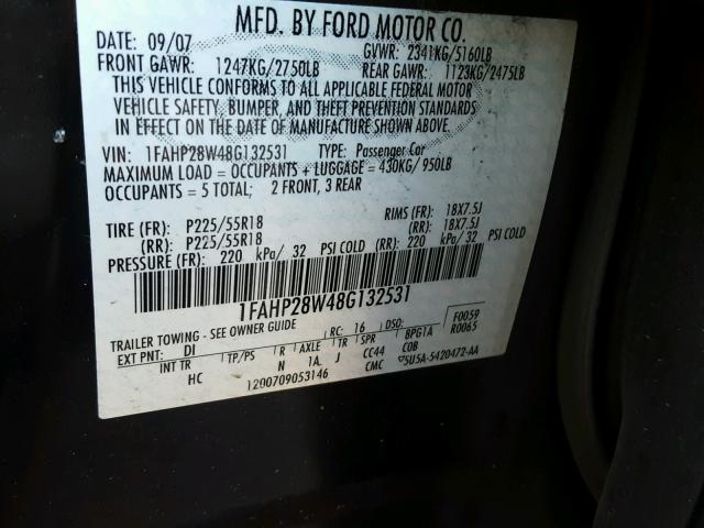 1FAHP28W48G132531 - 2008 FORD TAURUS LIM BLACK photo 10