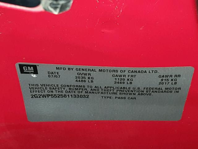 2G2WP552581133032 - 2008 PONTIAC GRAND PRIX RED photo 10