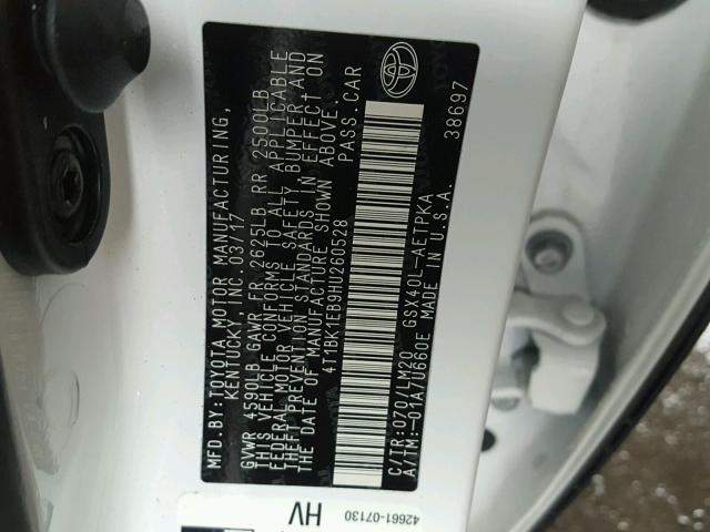 4T1BK1EB9HU260528 - 2017 TOYOTA AVALON XLE WHITE photo 10