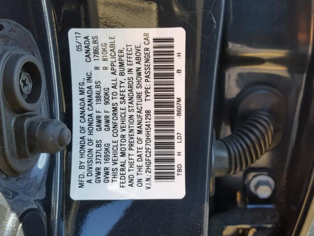 2HGFC2F70HH541298 - 2017 HONDA CIVIC EX BLUE photo 10