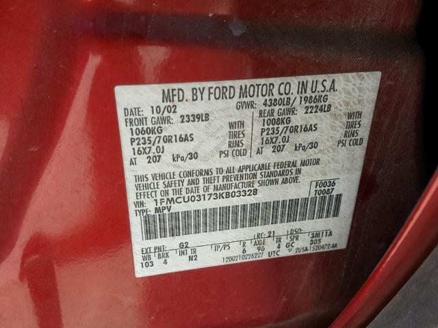 1FMCU03173KB03328 - 2003 FORD ESCAPE XLT RED photo 10