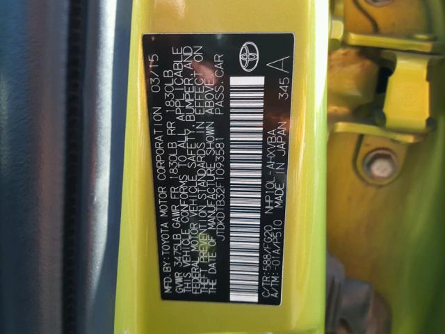 JTDKDTB32F1093581 - 2015 TOYOTA PRIUS C GREEN photo 10