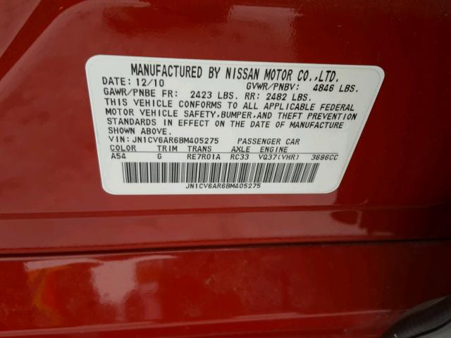 JN1CV6AR6BM405275 - 2011 INFINITI G37 RED photo 10