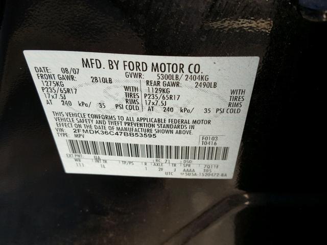 2FMDK36C47BB53595 - 2007 FORD EDGE SE BLACK photo 10