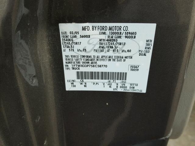 1FTWX33P75EC58770 - 2005 FORD F350 SUPER GRAY photo 10