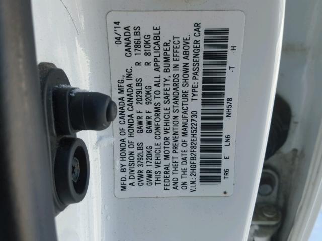 2HGFB2F82EH522730 - 2014 HONDA CIVIC EX WHITE photo 10